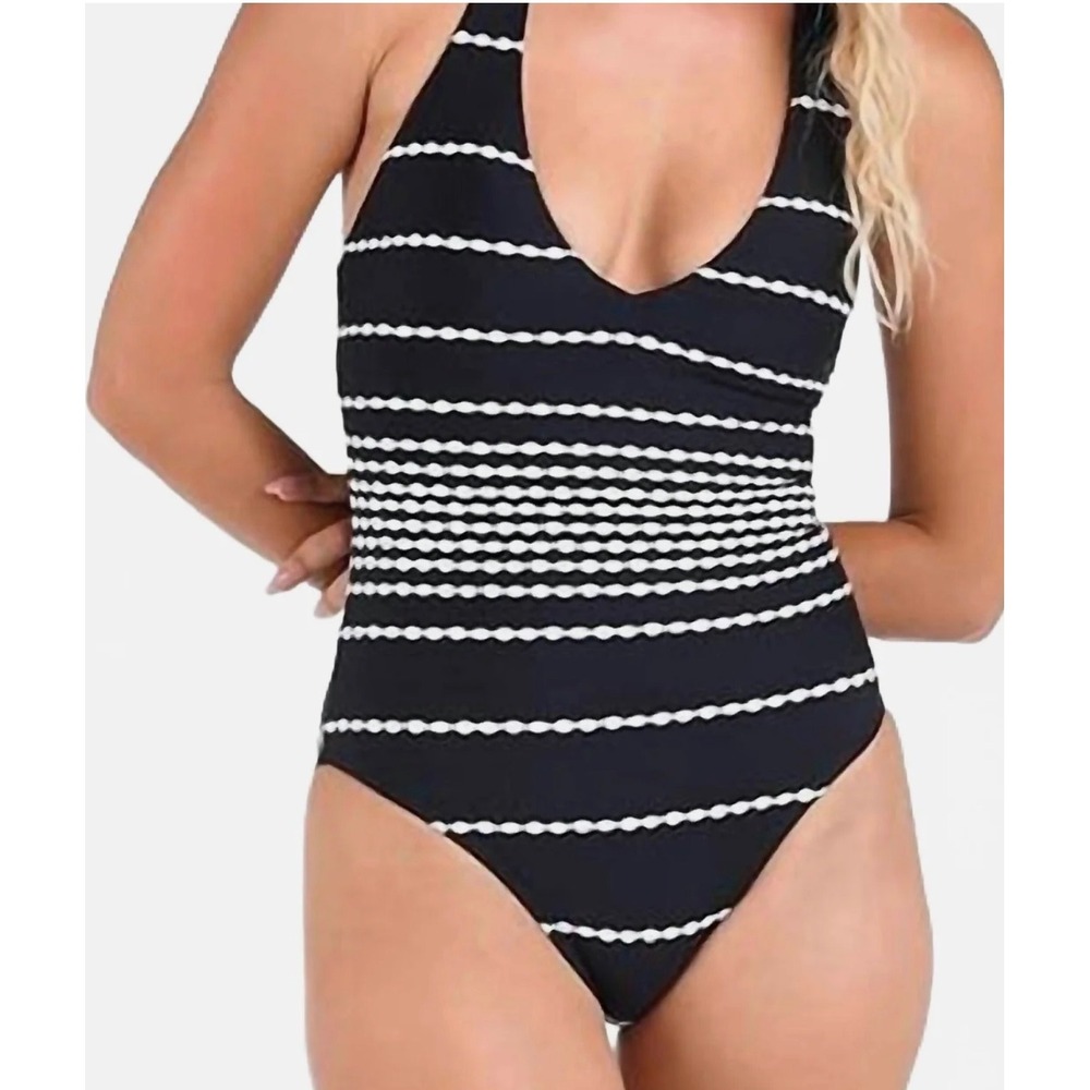 La Blanca Womens Black White Striped Lace Up Back One Piece Swimsuit Size 8 NWOT